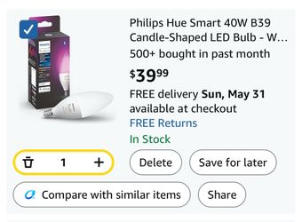 Philips Hue Smart 40W B39 Candle-Shaped LED Bulb