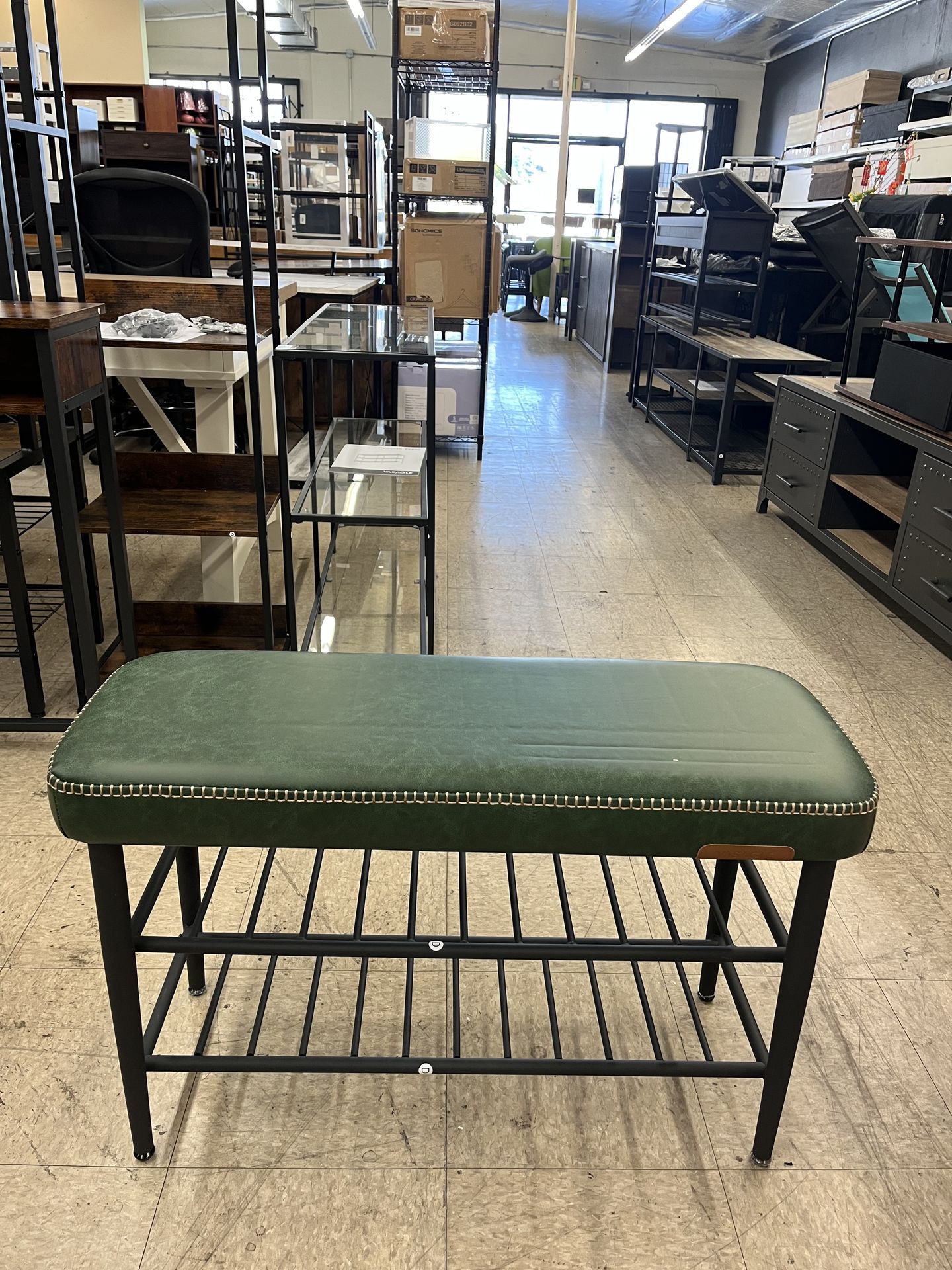 VASAGLE Shoe Rack Storage Bench Entryway Leather w/ Stitching Mid-Century Modern - Green