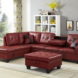 Red Leather Storage Sectional and Ottoman (New In Box)