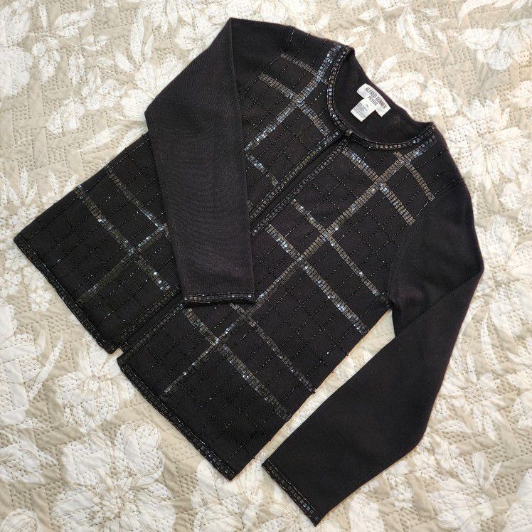 New without tag Alfred Dunner Petite Size PM Cardigan Sweater Top Black Beaded Faux 2 Piece Wool