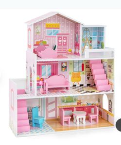 Kids Wooden Dollhouse Playset with 5 Simulated Rooms and 10 Pieces of Furniture