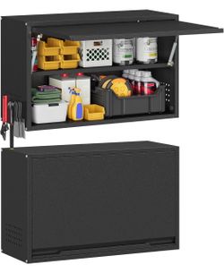 Metal Garage Wall Cabinet with Up-Flip Door,Steel Upper Storage Cabinet with Handle and Vent Holes for Home,Office,Kitchen,Garage,Warehouse(Black, 19.