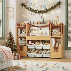 Kids Bookcase Toy Storage Organizer, Wooden Toy Chest for Kids with 6 Removable Toy Boxes, Kids Storage Bookshelf for Bedroom Playroom, Natural