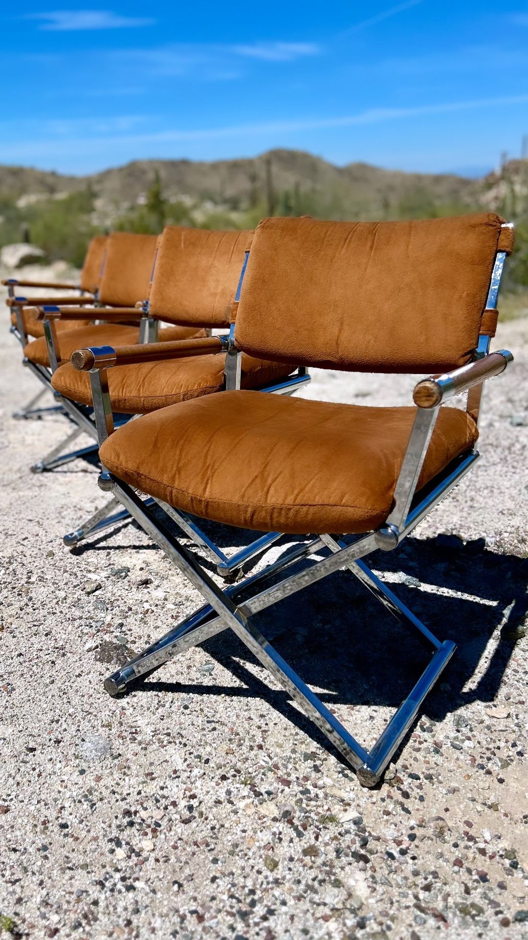 ( Set of 4 ) 1980s Brown Velvet on Chrome Director's Chairs Attributed To Milo Baughman