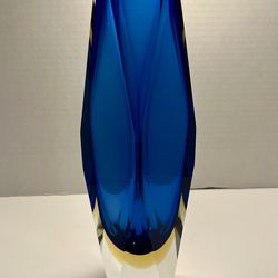 1960s Luigi Mandruzzato Murano Sommerso Blue & Amber Faceted Glass Vase 12" Tall