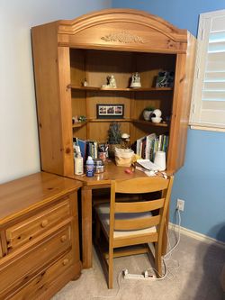 Dresser, desk, shelves, chair, and side table