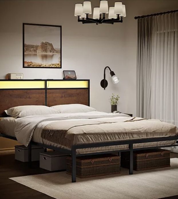 Vintage Full Size Bed Frame with Storage LED Headboard, No Box Spring Needed