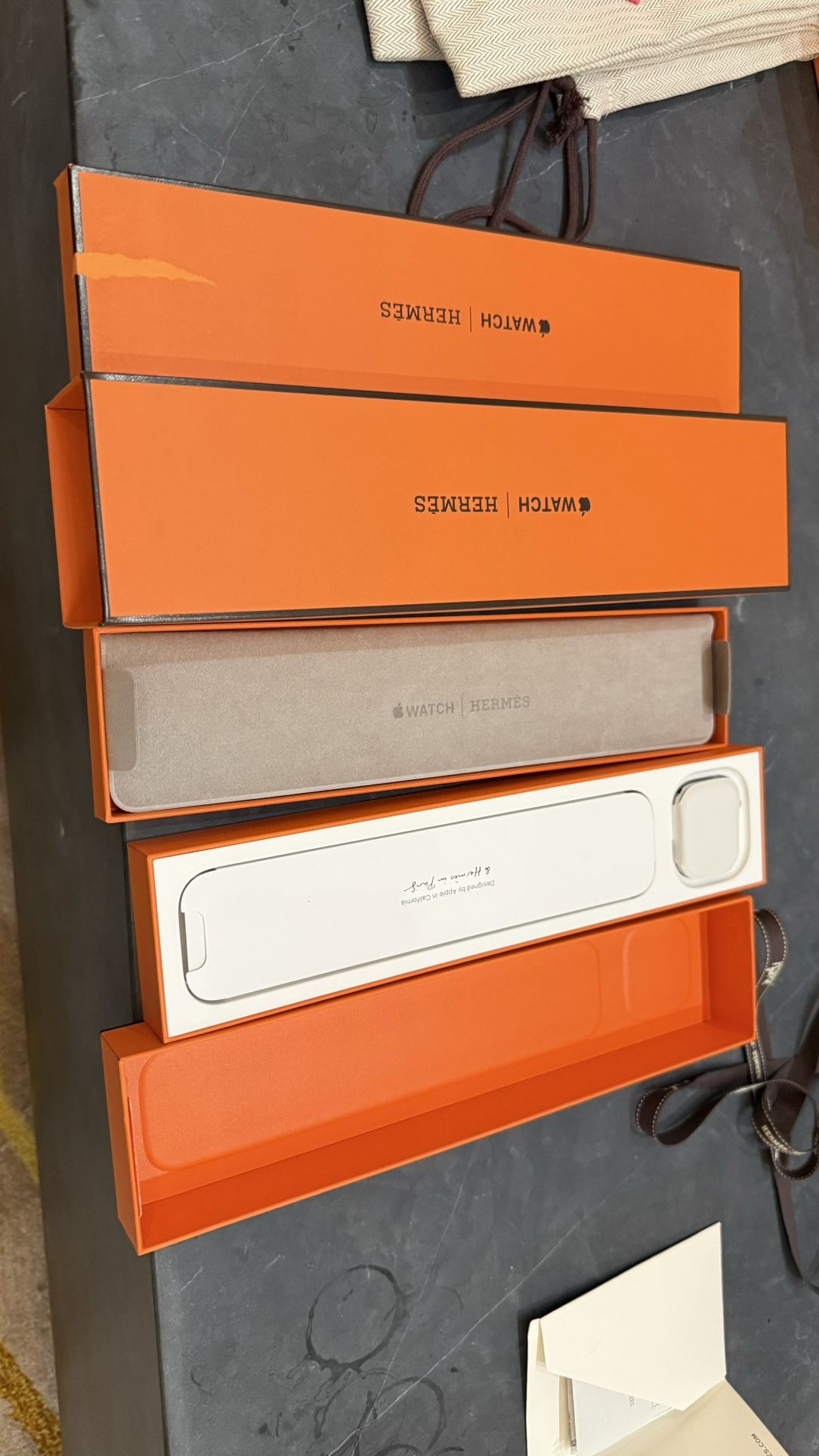 Hermes Brand New apple watch series 10 45mm Orange Rubber Band & BARENIA CLOU DE SELLE 34 FAUVE Leather