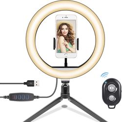10" Ring Light with Stand and Phone Holder, Dimmable Desk Makeup Selfie Ring Light with 360°Adjustable Tripod Stand, 3 Light Modes and 12 Brightness L