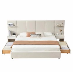King platform bed with night stands, drawers and floating shelves