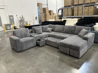 XL grey soft fabric sectional with power recliner Bluetooth and speakers pullout-bed NEW