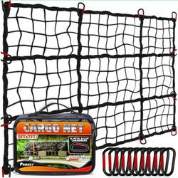 5'X7' Heavy Duty Cargo Net Stretches To 10' X 14', Extra Thick 10mm Cord Bungee Cargo Netting For Pickup Truck Bed, Roof Rack Net & 12 PCS Steel Carab