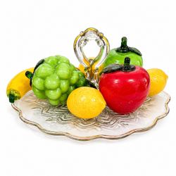 Antique Vintage Glass Fruit Centerpiece Set on Scalloped Tray Decorative Faux Fruit Display Retro Kitchen Table Decor