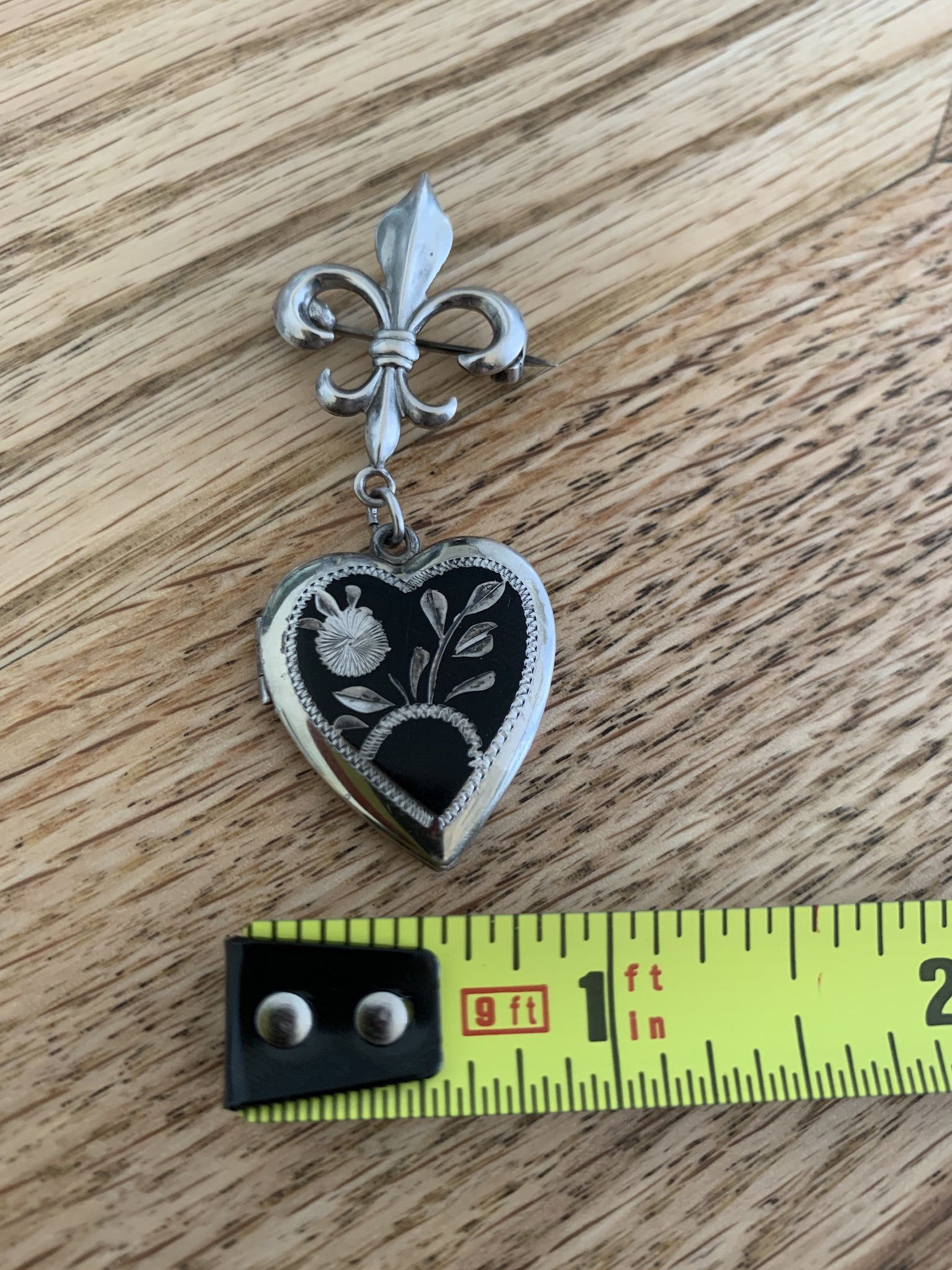 Antique Sterling Fleur De Lis Locket Pin Brooch