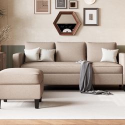 New Mid Century Convertible Sectional Sofa with Reversible Armchair, L-Shaped Couch with Modern Linen Fabric for Small Space Beige  New in box US85-NK