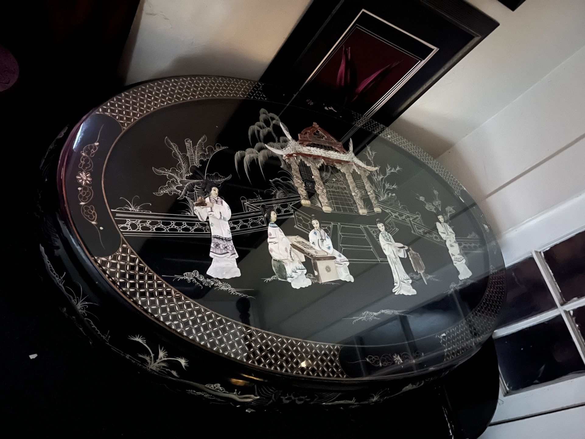 Antique Chinese Mother Of Pearl Black Lacquer Coffee Table