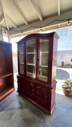 red drawer with doors and cabinets 