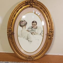 GORGEOUS ORNATE FRAMED HARRISON FISHER PRINT COUPLE HAVING TEA