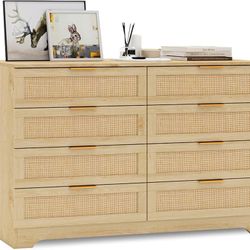 8 Drawer Dresser for Bedroom, Rattan Modern Closet Dressers Chest of Drawers, Boho Wood Double Wicker Dresser Storage Closet for Bedroom, Living Room,
