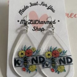 Handmade Floral clear Bee Kind Teardrop Earrings NEW