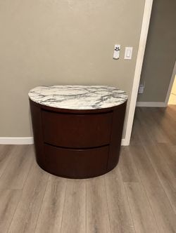 Modern Curved Dark Wood Nightstand / Dresser with Marble Top