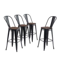  New 30” High Back Bar Stools with Wood Seat Set of 4 Metal Stool Glossy Black