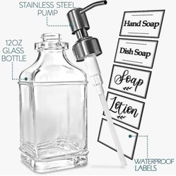 JASAI Antique Design Soap Dispenser with Rust Proof 304 Stainless Steel Pump, Refillable Clear Glass Soap Dispenser with 10Pcs Clear Stickers, Premium