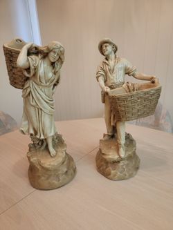 Set Of 2 Vintage Marwal Ind Inc Peasant Girl & Boy With Basket 17 Chalkware Sculptures