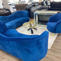 Blue Velvet Gold Sofa , Loveseat & Chair 