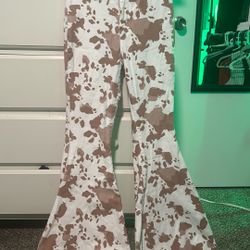 Peach Love Cow Print High Waist Bell Bottoms Size Small Extra Long