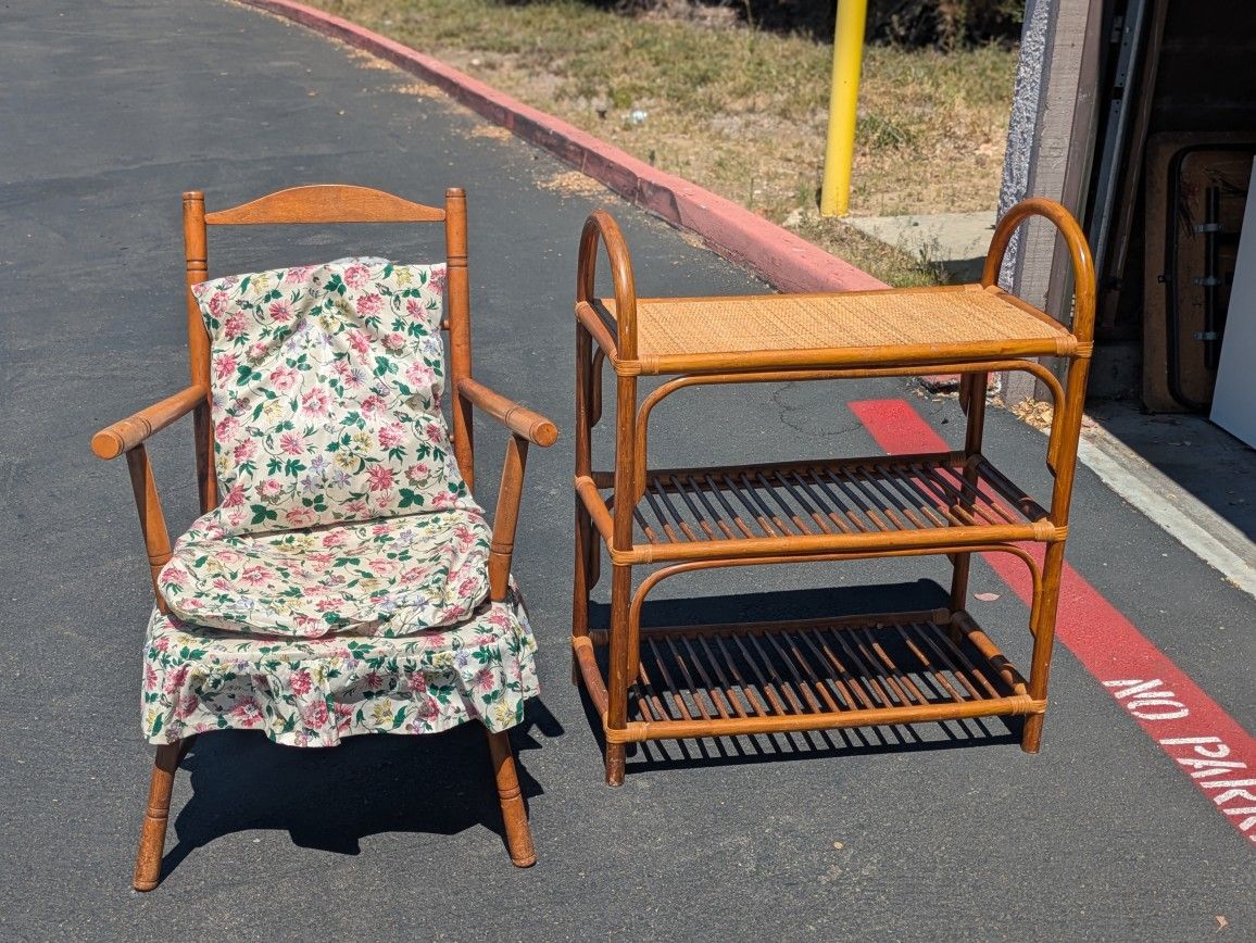Cute Antique Cricket Chair And Antique Bamboo Shelf