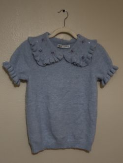 Zara Peter Pan Embellished Collar Knit Sweater - Medium - Blue