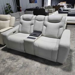 Alton Leather Power Reclining Sofa with Power Headrests & Cooling Console – Brand New