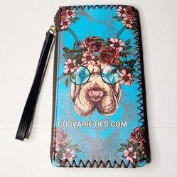 Flower Doggy With Glasses Print Wristlet Wallet Clutch Purse Bag 