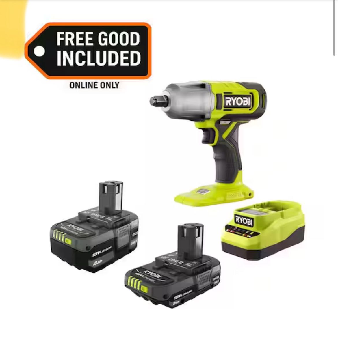 ONE+ 18V Lithium-Ion Starter Kit with 2.0 Ah Battery, 4.0 Ah Battery, Charger and FREE ONE+ Cordless 1/2" Impact Wrench