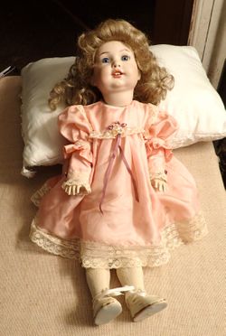 Vintage Porcelain Doll 17” Satin Dress 1984