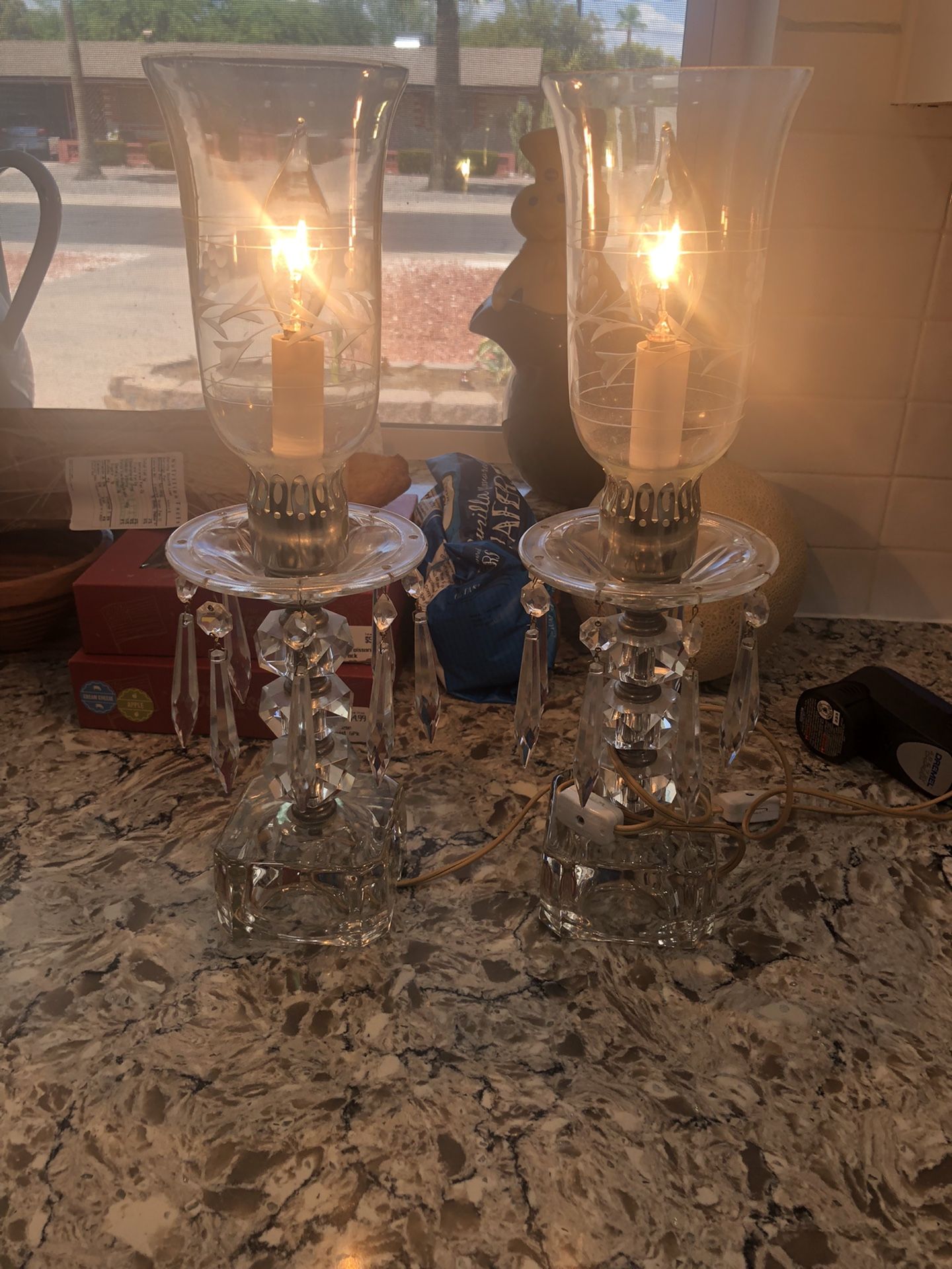 VINTAGE HAND CUT CRYSTAL and GLASS HURRICANE LAMPS (2) 16”TALL