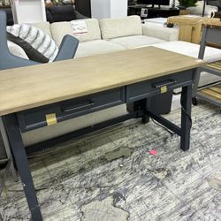 Two-Drawer Wood Top Desk with Navy Frame