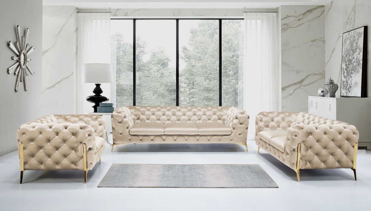 New Chesterfield Modern Style Beige Microfiber Couch Set