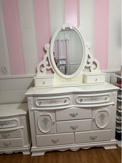 White dresser mirror and nightstand