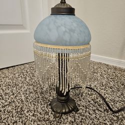 Vintage Boudoir Frosted Blue Glass Dome w/ Beaded Fringe Shade Lamp 14”
