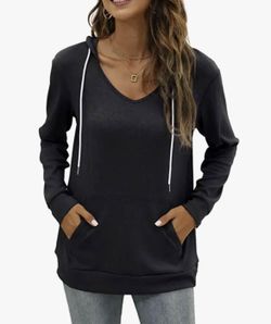 Women's Lightweight V-Neck Kangaroo Pocket Hooded Sweater, Black, Size XL, NEW