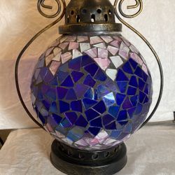 Mosaic Glass and Wrought Iron Tea Light Candle Holder for Indoor Outdoor Hanging