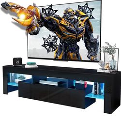 Black TV Stand, 60 65 70 75 inch Wood TV Stand, High Glossy Entertainment Center with Large Drawers＆Glass Display Shelf, LE