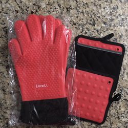 Loveu. Oven Mitts - Silicone and Cotton Double-Layer Heat Resistant Gloves/Silicone