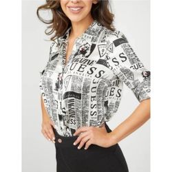 Guess Los Angeles Magazine Print Button-Up Shirt, Size M, Black & White, Polyester