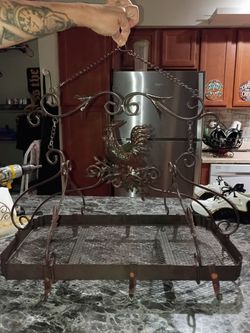 Wrought Iron Hanging Pot Rack with Roosterb