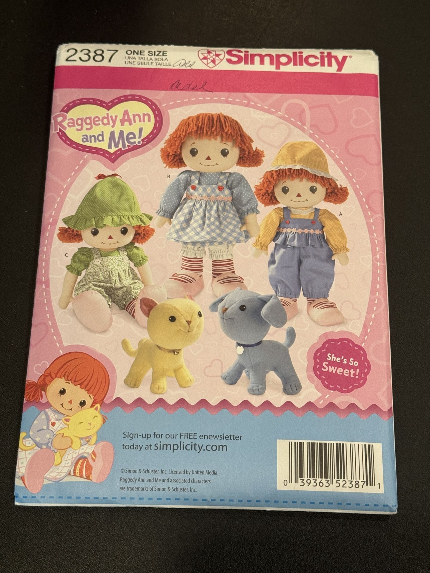 Simplicity Uncut 16" Raggedy Ann & Me Doll #2387 Pattern Clothes 8" Dog & Cat. Details are: Makes clothing package accessories for a 16" doll & clot