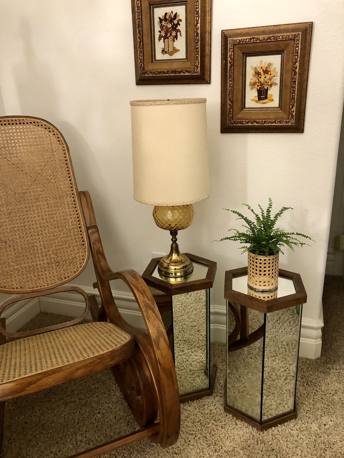 Vintage 1970’s Hexagon Mirrored Plant Stands