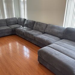 Sectional Sofa - Grey Corduroy Fabric With Extra Wide Chaise & Deep Seating